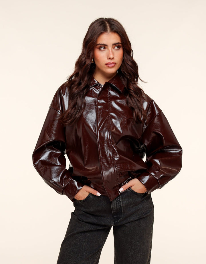 Dark brown Shiny PU Leather Bomber Jacket