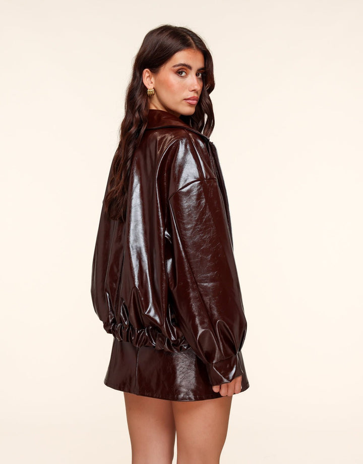 Dark brown Shiny PU Leather Bomber Jacket