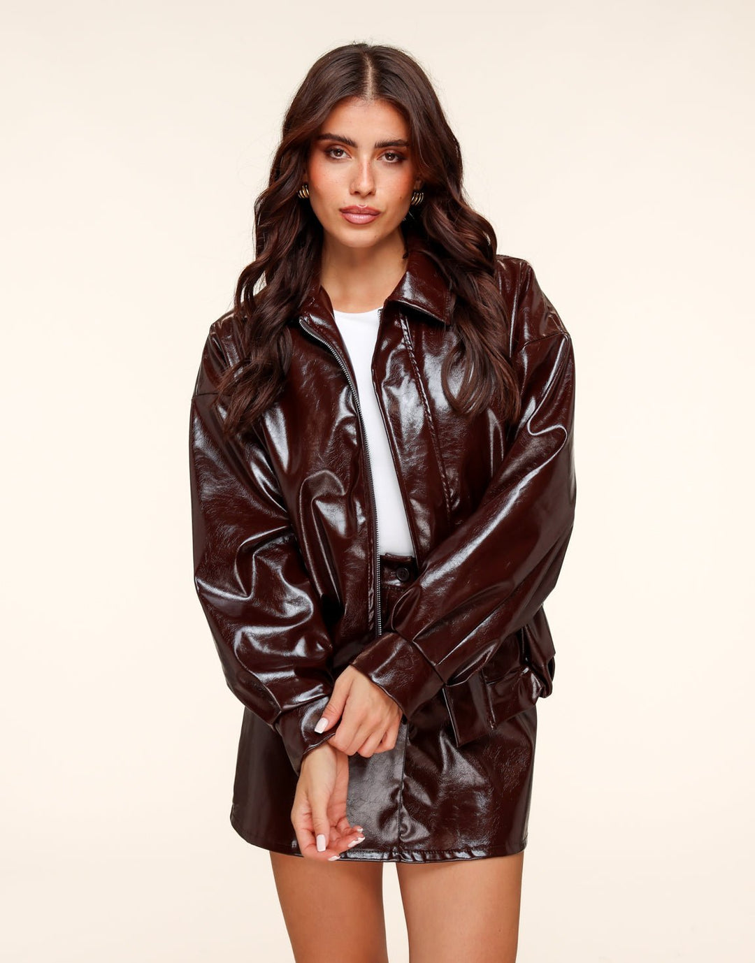 Dark brown Shiny PU Leather Bomber Jacket
