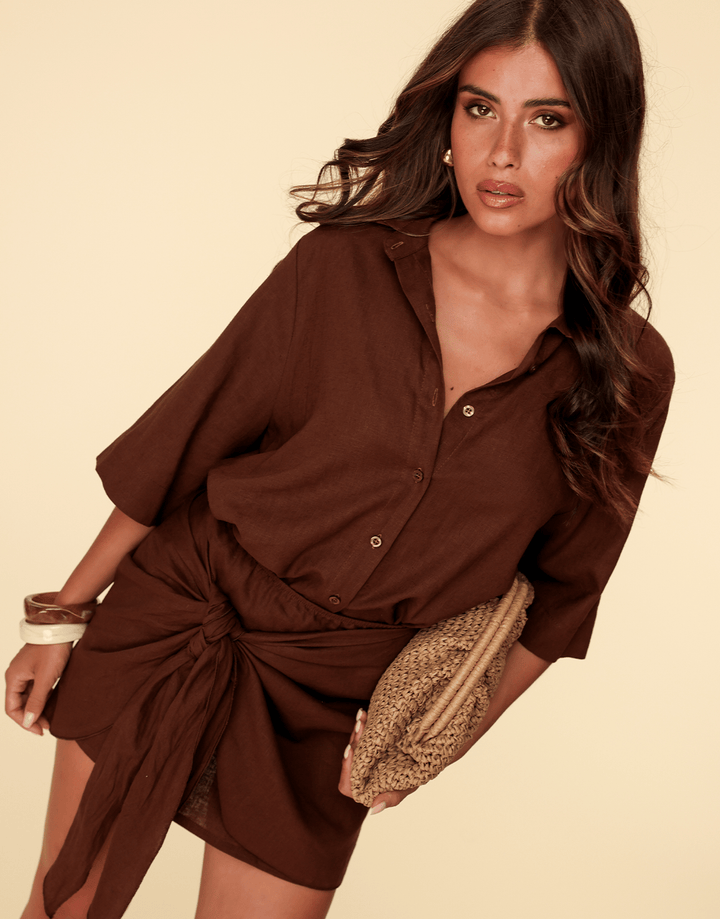 Dark Brown Linen SS - Blouse