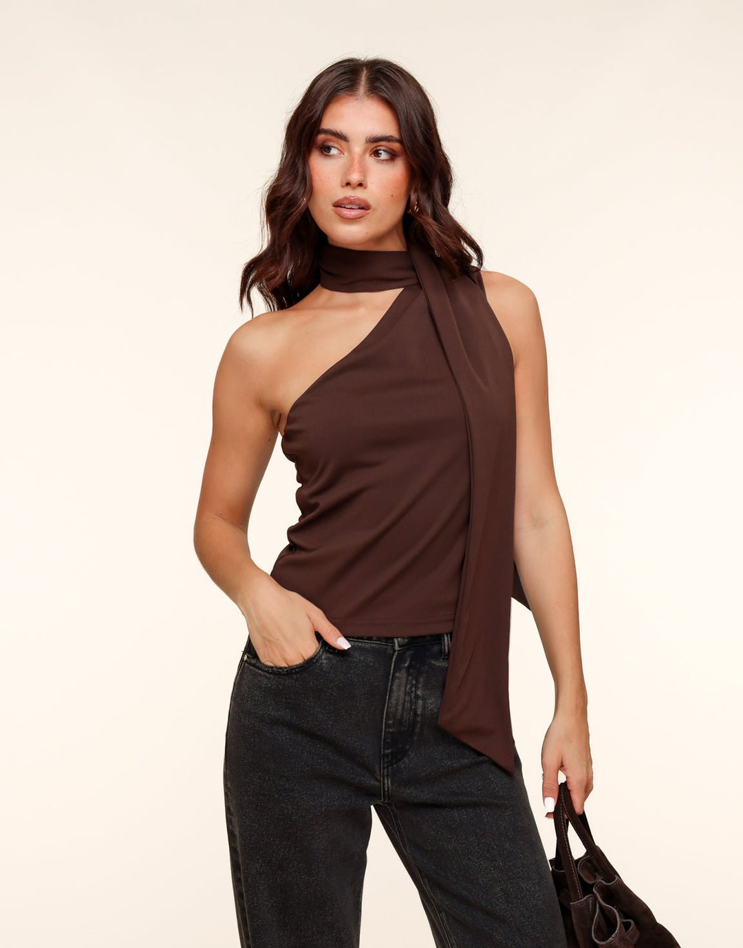 Dark Brown One Shoulder Scarf Detail - Top
