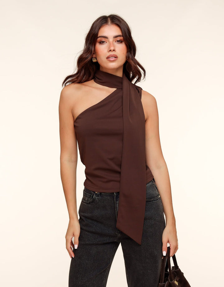 Dark Brown One Shoulder Scarf Detail - Top