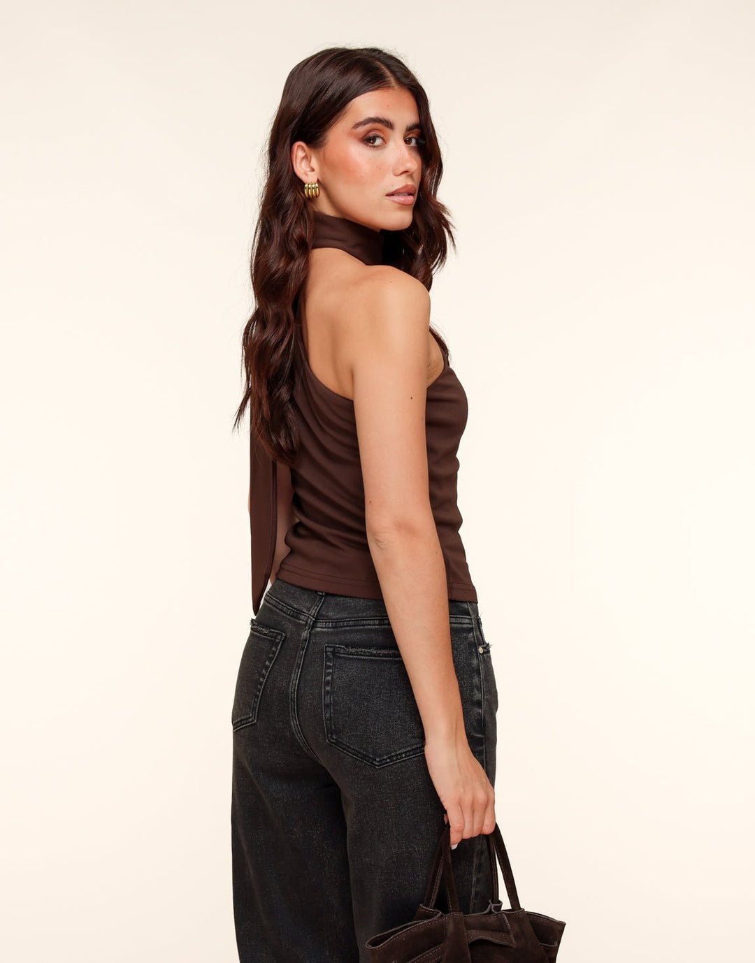 Dark Brown One Shoulder Scarf Detail - Top