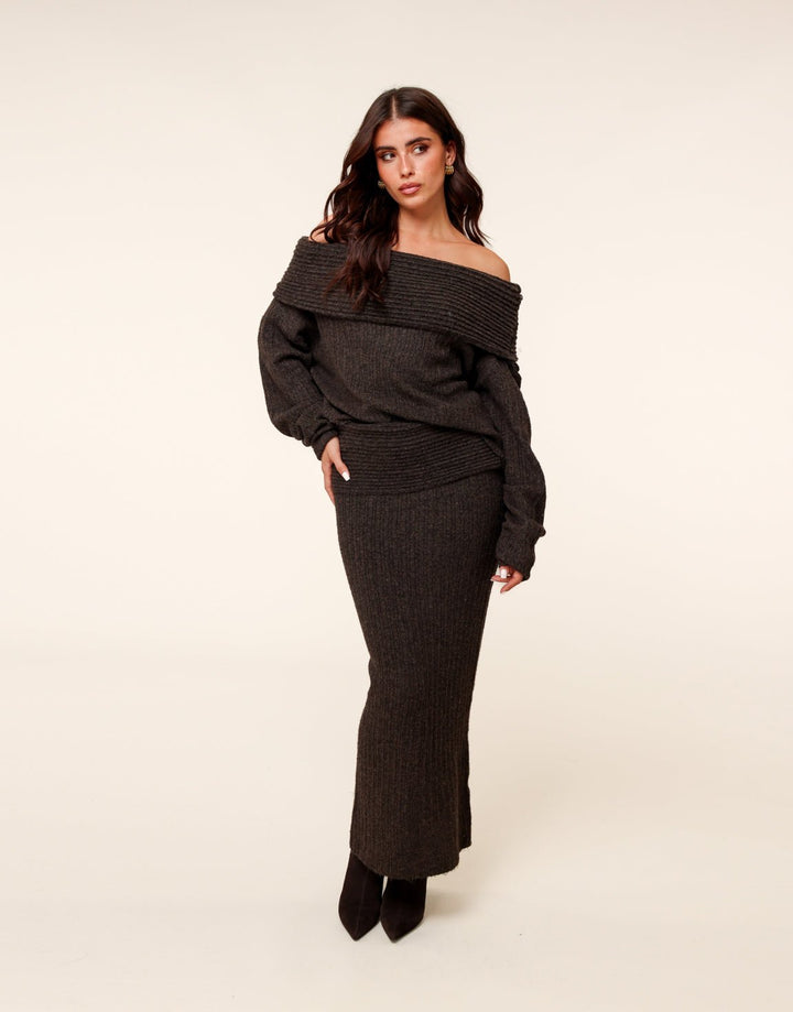 Dark Brown Chunky Knitted Off Shoulder Sweater