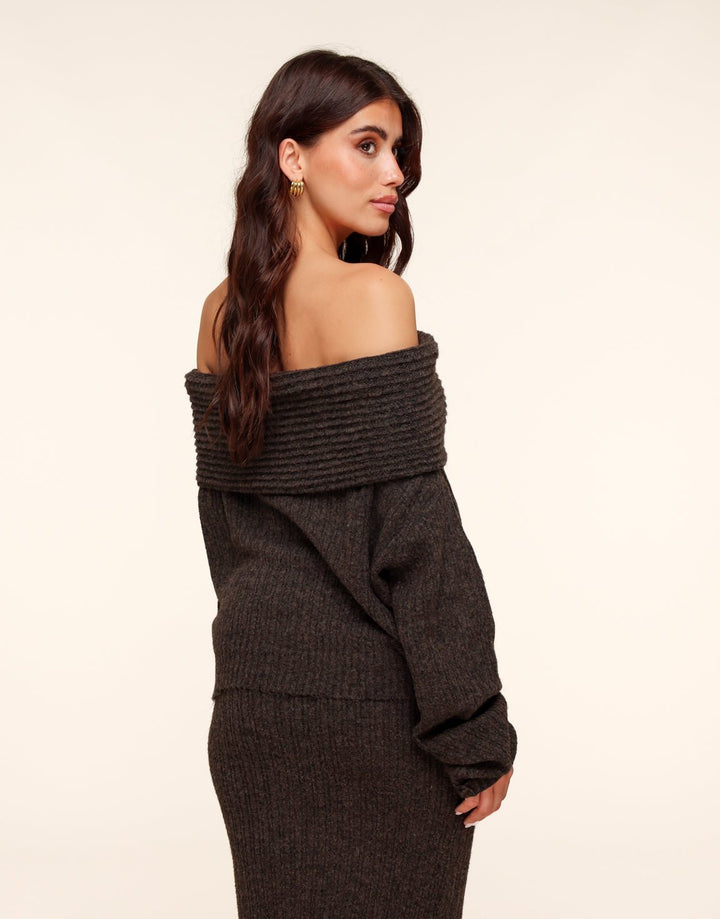 Dark Brown Chunky Knitted Off Shoulder Sweater