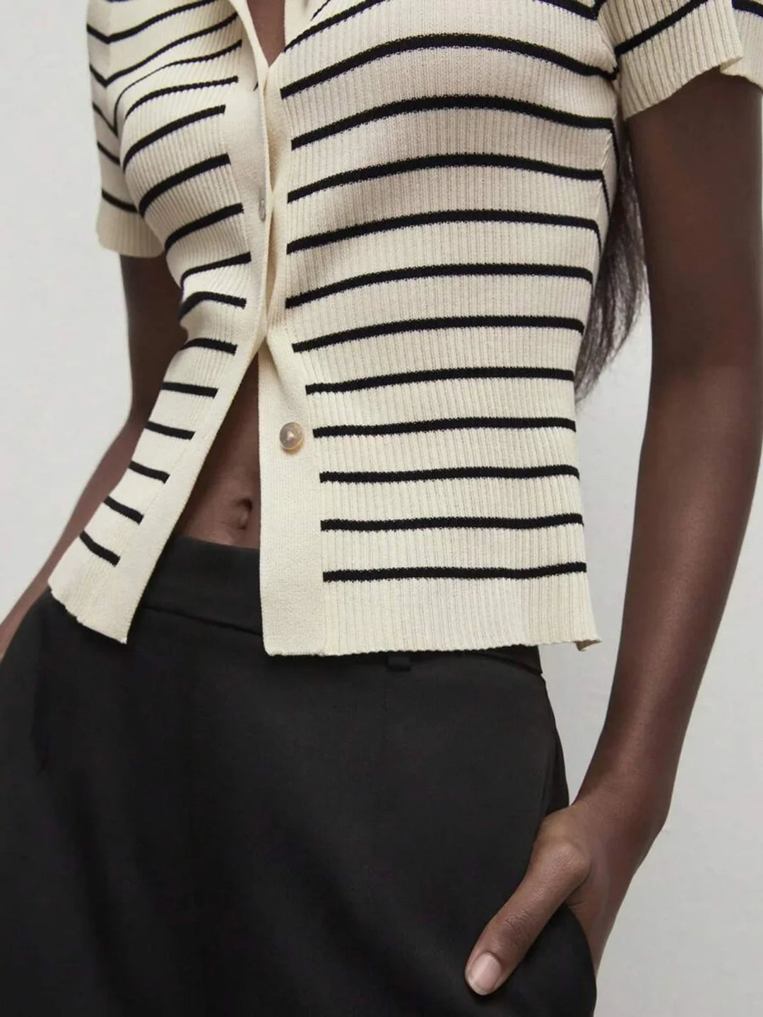 Lined Cashmere Blend Knit Sweater Turndown Collar Stripe