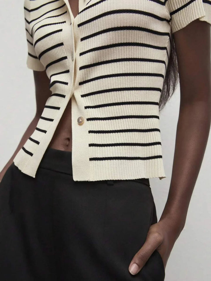 Lined Cashmere Blend Knit Sweater Turndown Collar Stripe