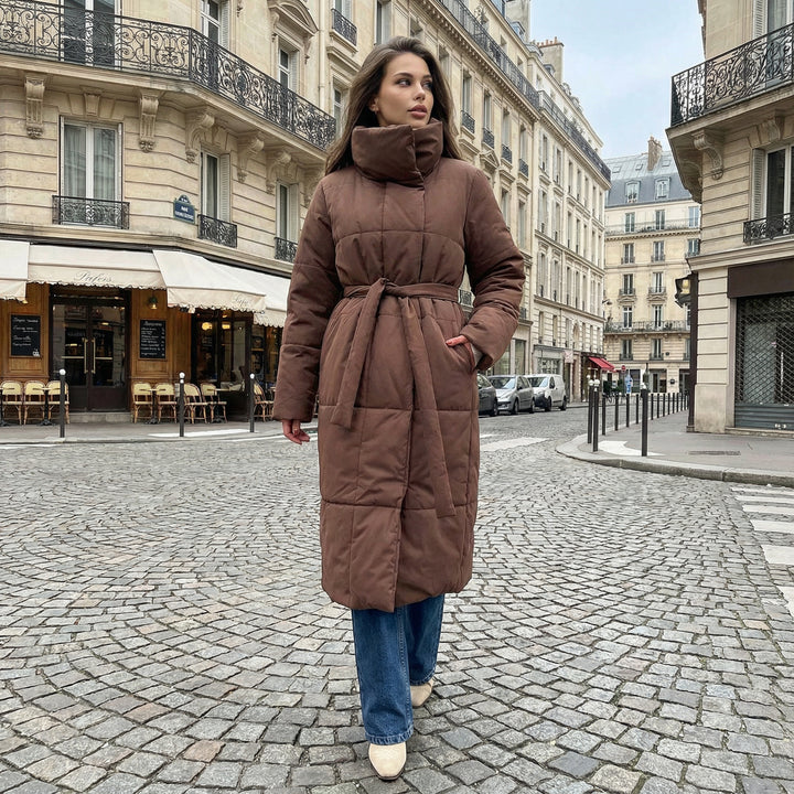 Long Puffer Coat with Tie Waist