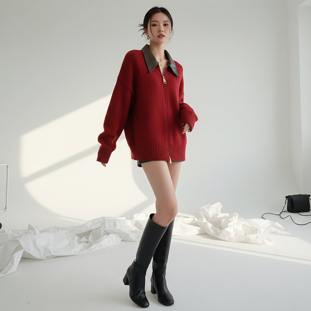 Faux Leather Collar Zip Cardigan