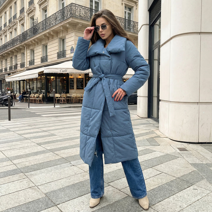 Long Puffer Coat with Tie Waist