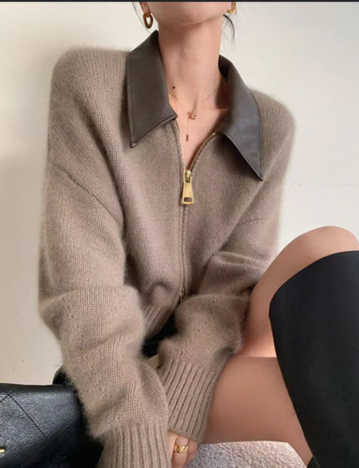 Elowen Faux Leather Collar Zip Cardigan