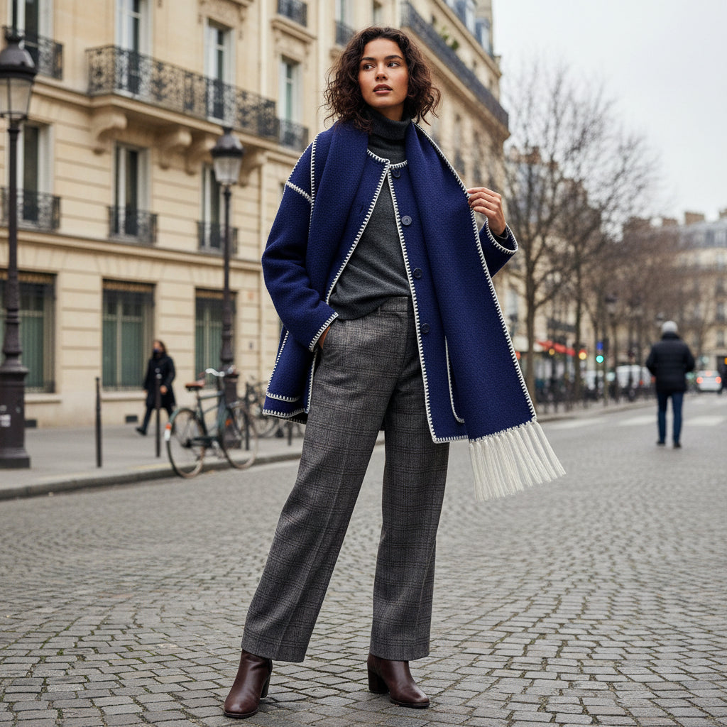 Fringe Scarf Wool Coat