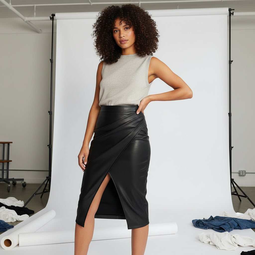 Edge Pleated Vegan Leather Skirt