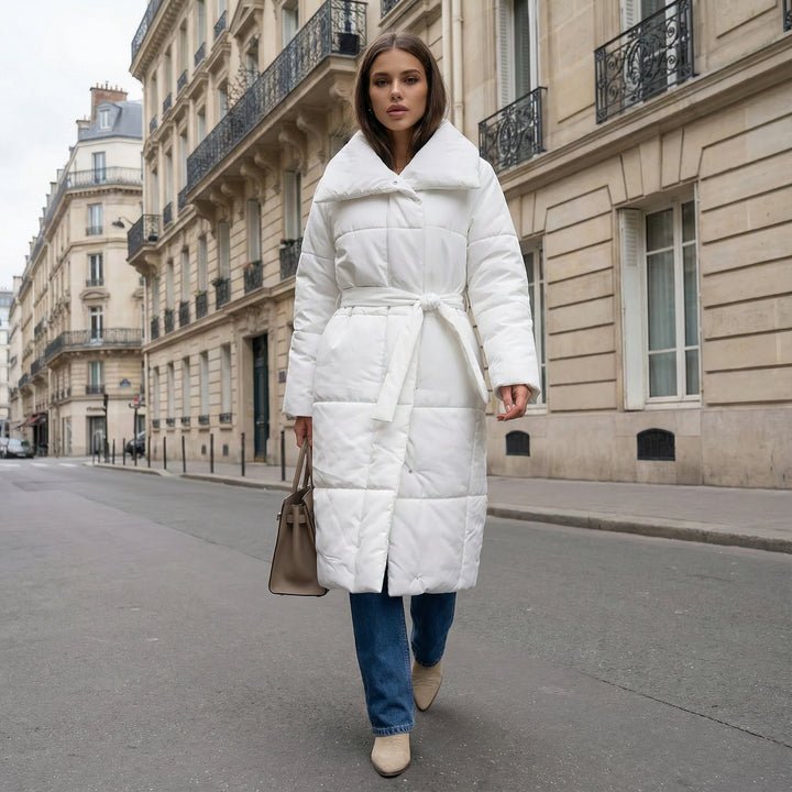 Long Puffer Coat with Tie Waist