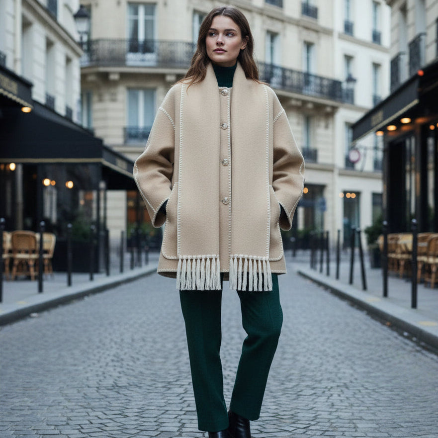 Fringe Scarf Wool Coat