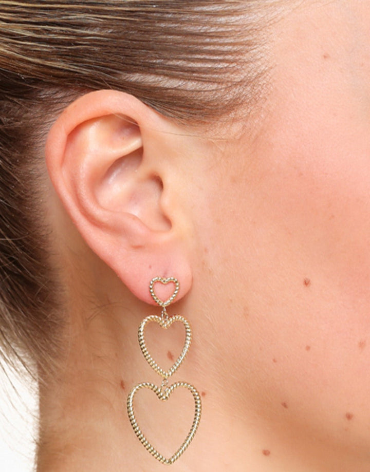 Golden Detailed Open Row Hearts - Earrings