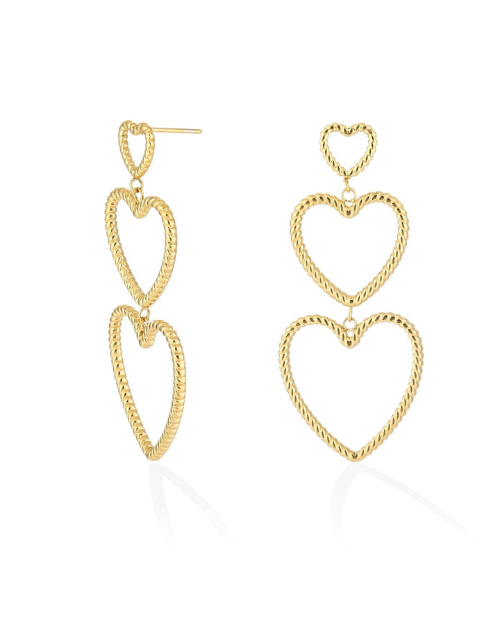 Golden Detailed Open Row Hearts - Earrings