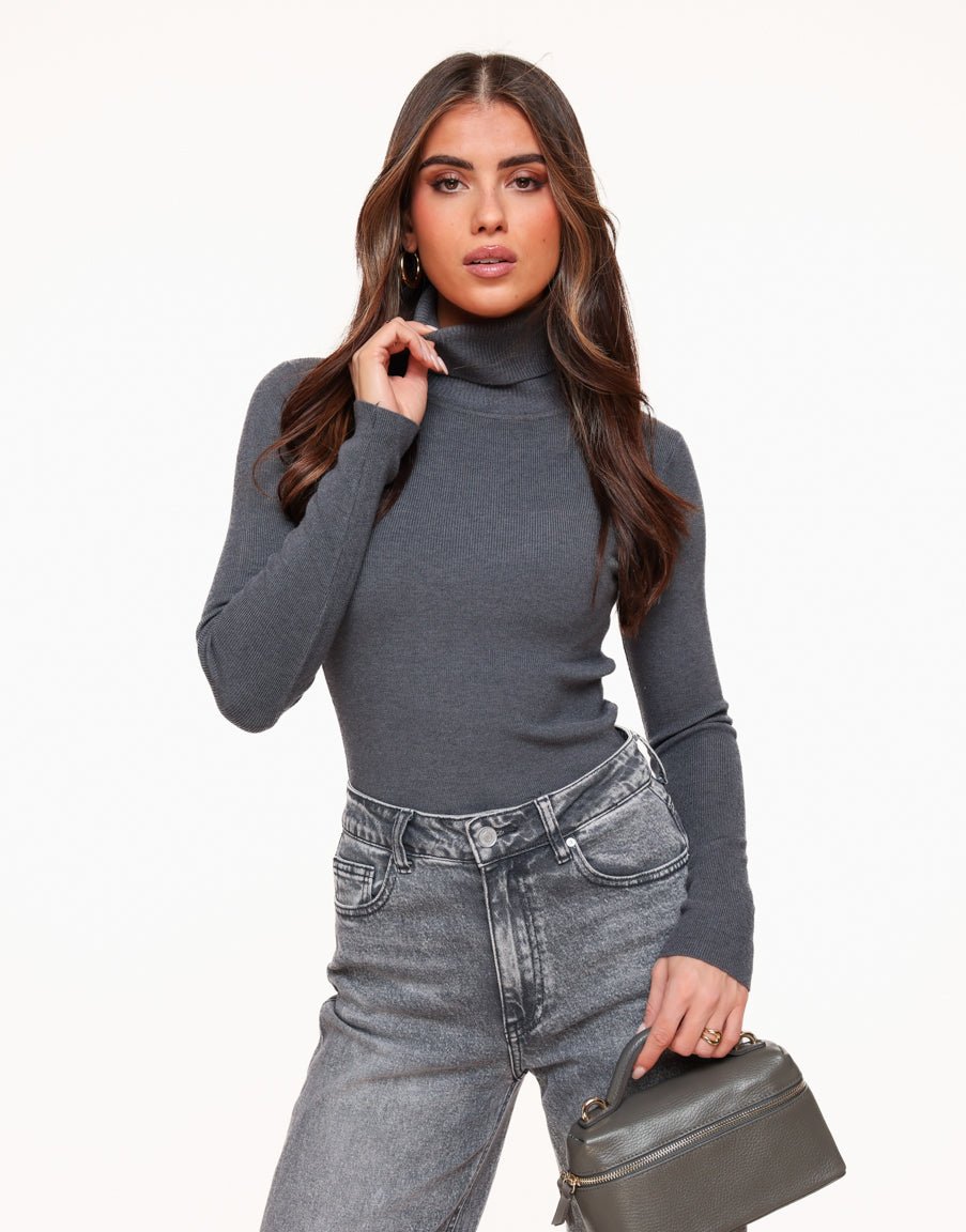 Grey Basic Turtleneck LS - Top