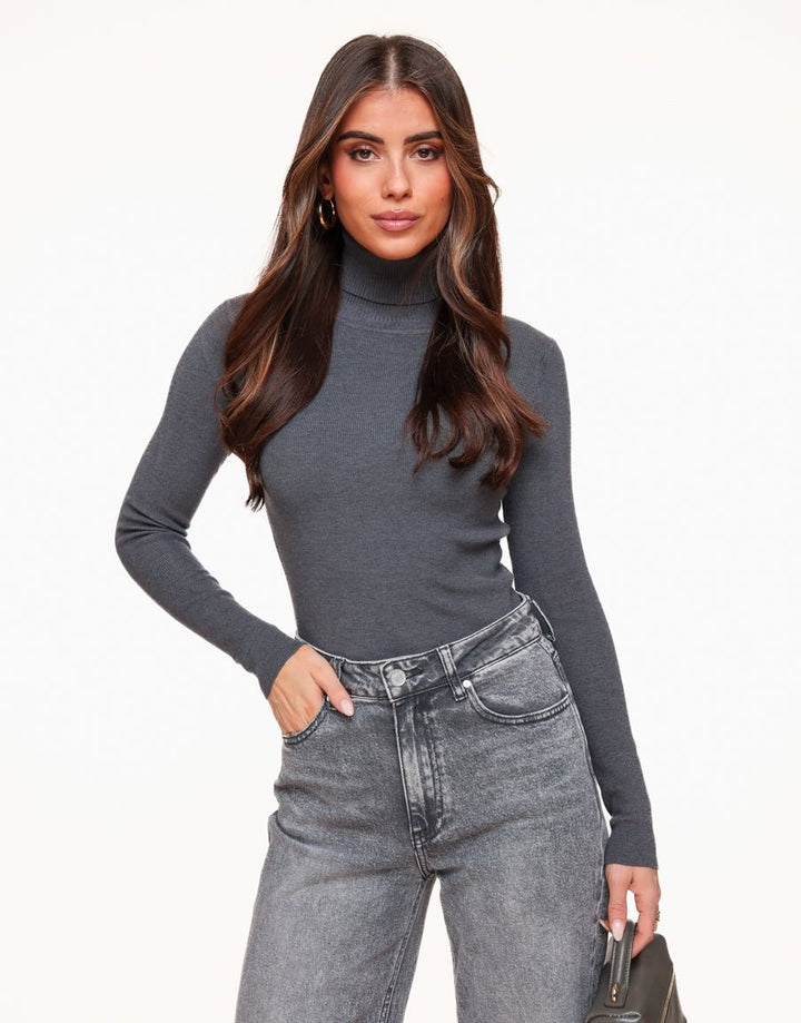 Grey Basic Turtleneck LS - Top