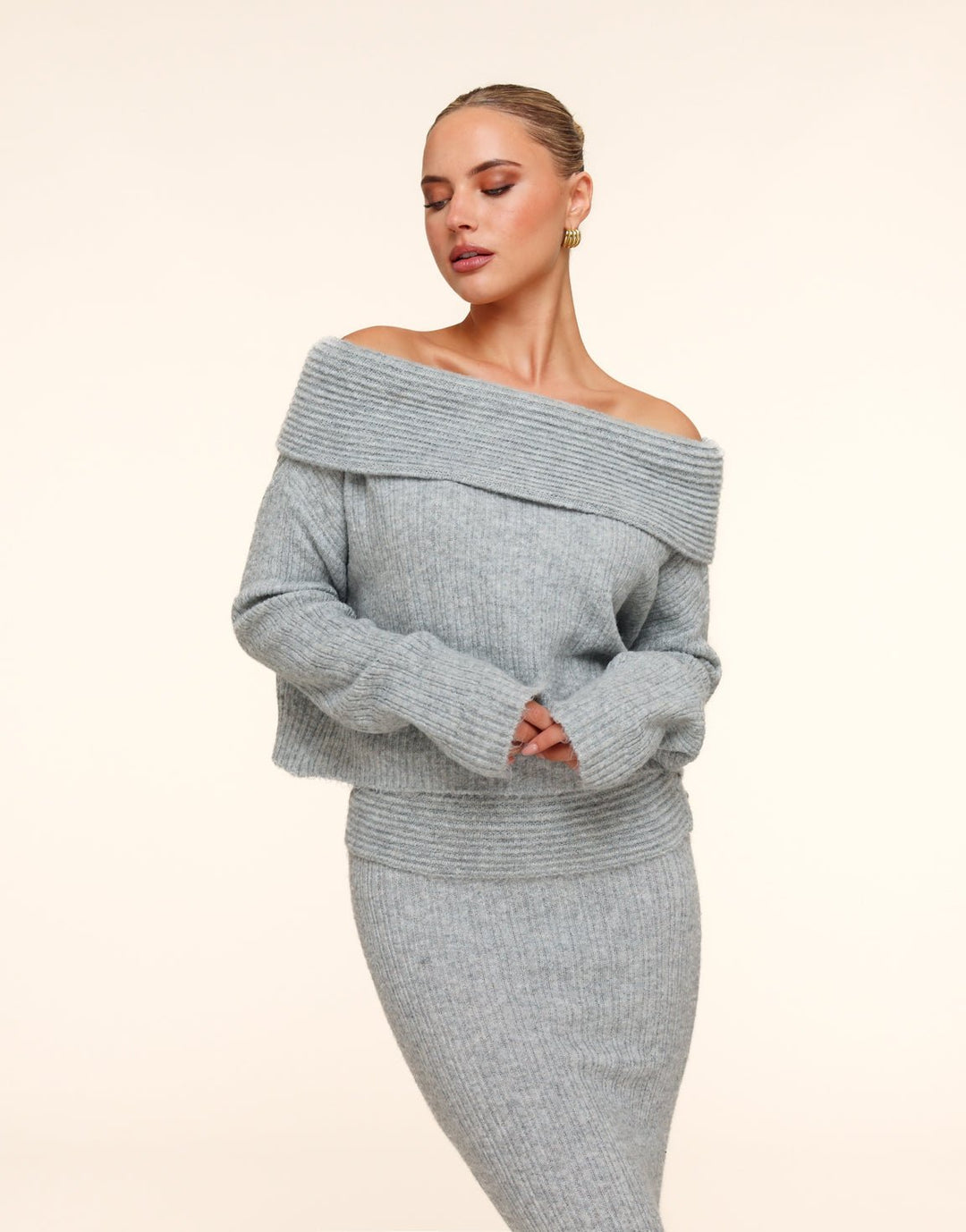 Gray Chunky Knitted Off Shoulder Sweater
