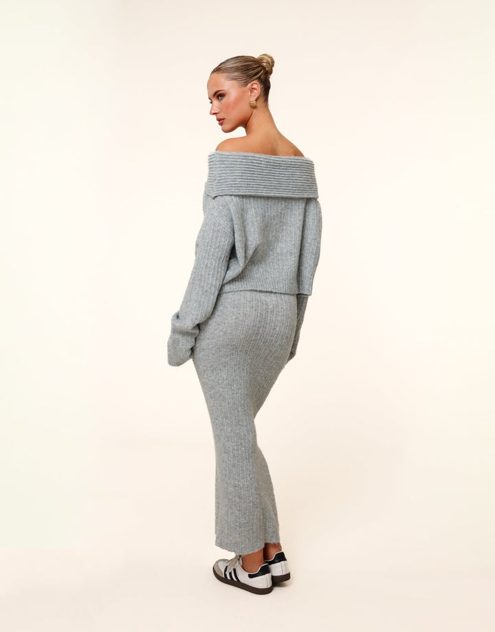 Gray Chunky Knitted Off Shoulder Sweater