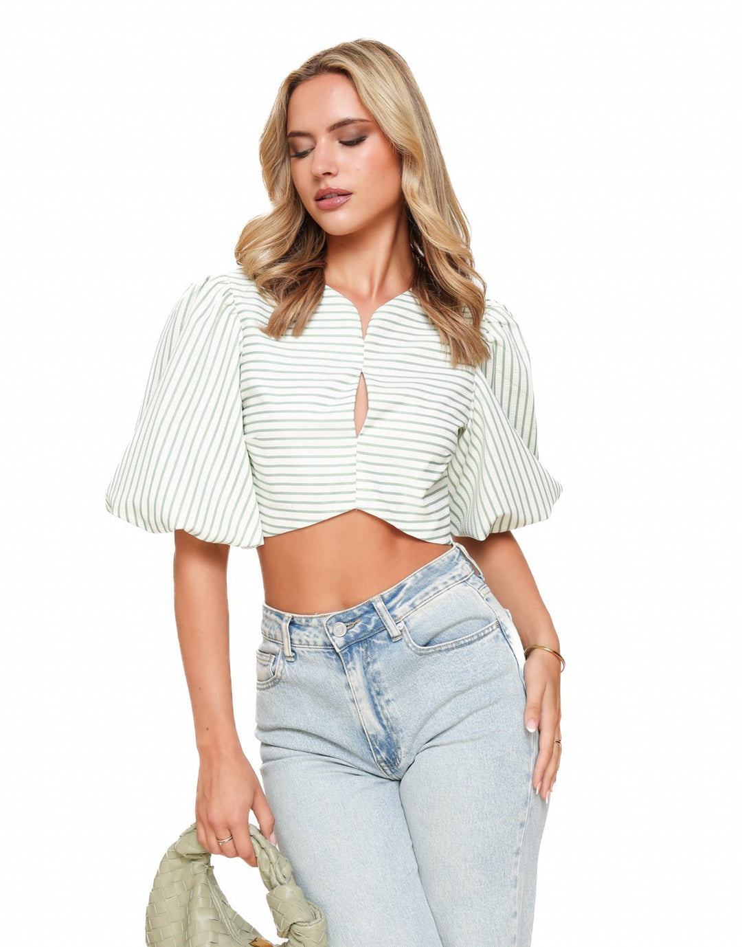 Green Cropped Puff Sleeves - Top