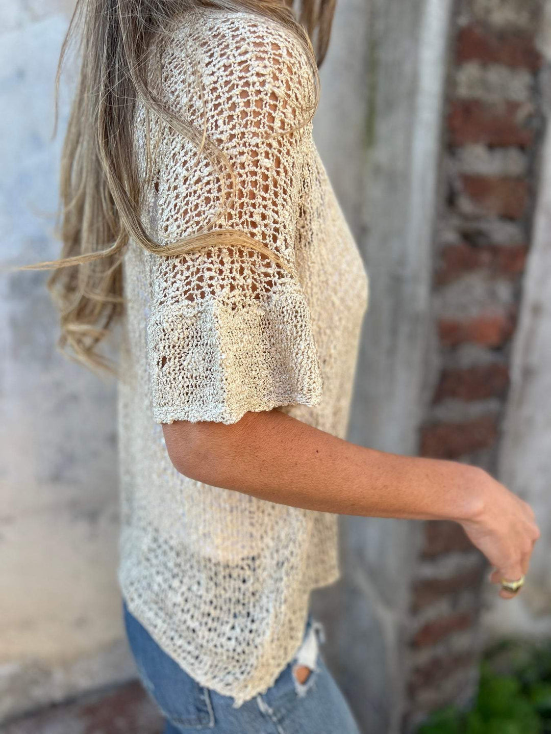 Golden Drift Open-Knit Blouse