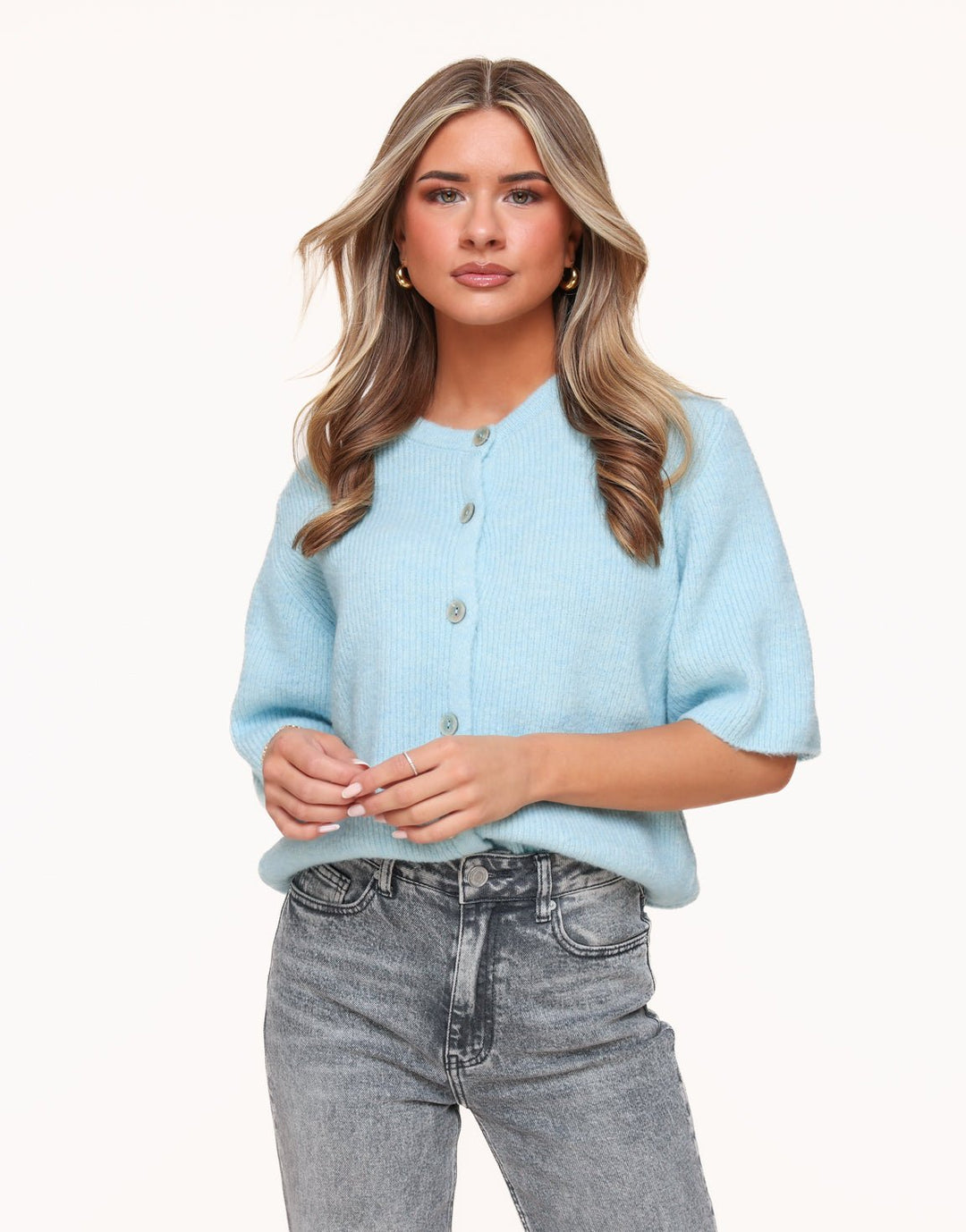Light Blue Knitted 3/4 Sleeves - Cardigan