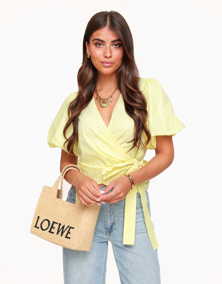 Light Yellow Short Puff Sleeves Wrap - Top