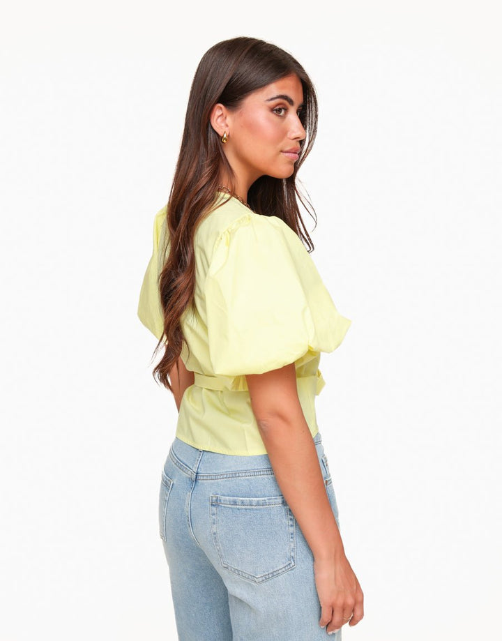 Light Yellow Short Puff Sleeves Wrap - Top