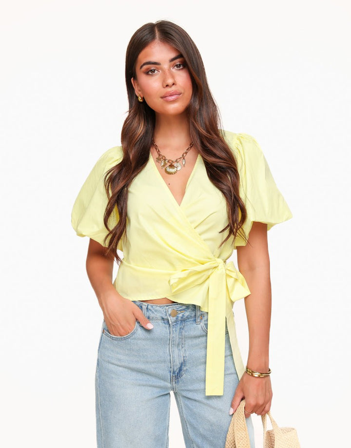 Light Yellow Short Puff Sleeves Wrap - Top