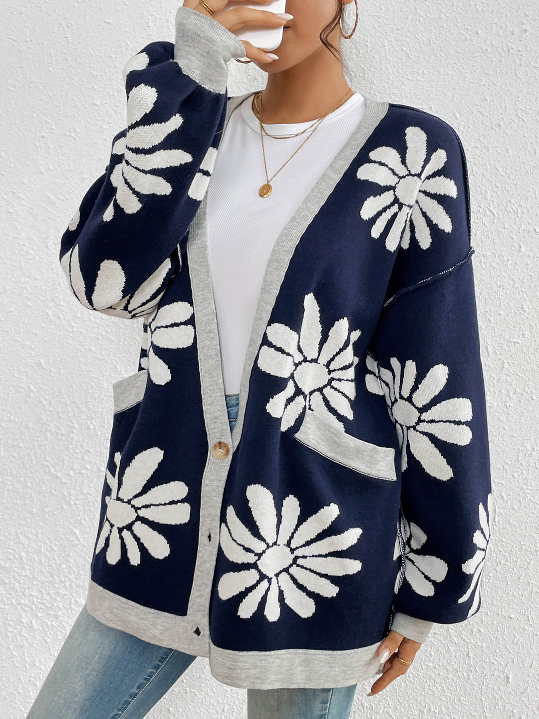 Navy Sunburst Bloom Knit Cardigan