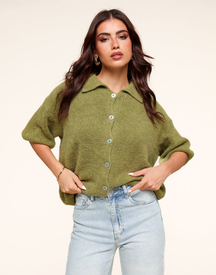 Olive Green Knitted Button Collar - Top