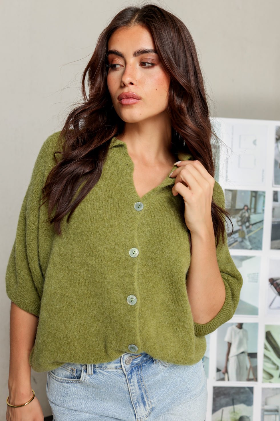 Olive Green Knitted Button Collar - Top