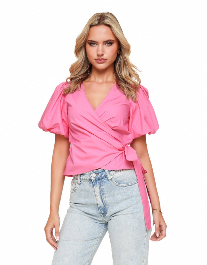 Pink Short Puff Sleeves Wrap - Top