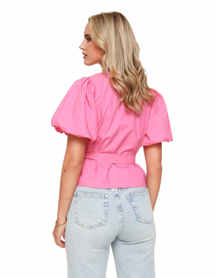 Pink Short Puff Sleeves Wrap - Top