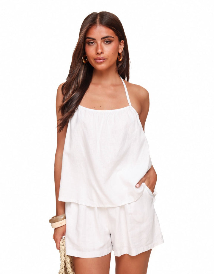 White Linen Open Back Halter - Top