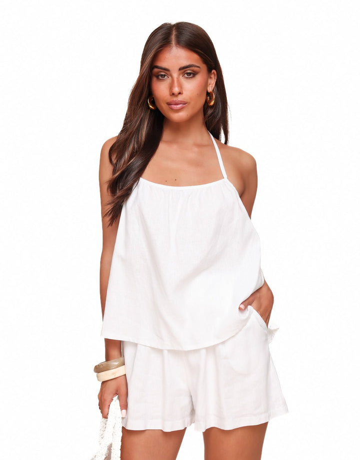 White Linen Open Back Halter - Top