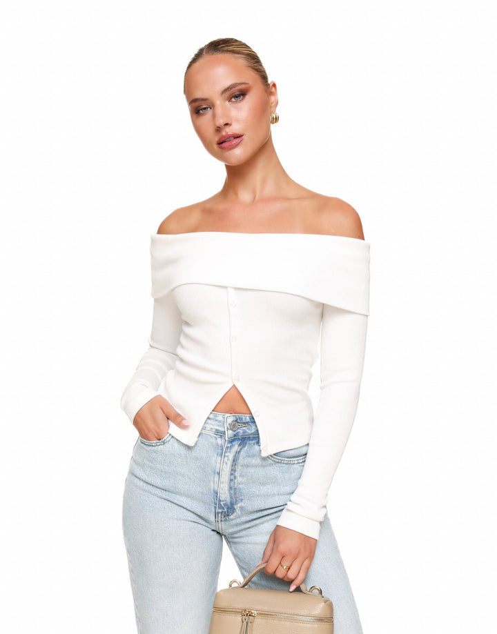 White Off Shoulder Buttons LS - Top