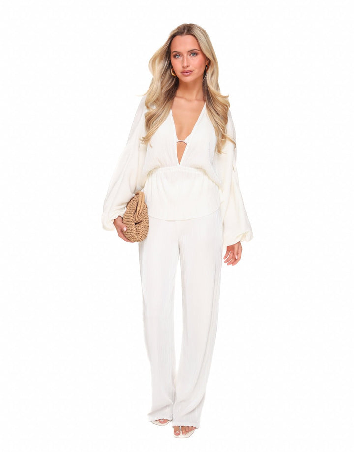 White Plisse V-neck - Top